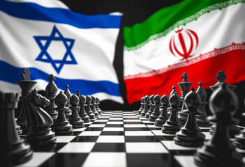 A game of Chess, with the flags of Israel and Iran. War between Israel and Iran.