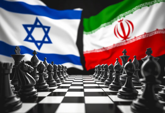 A game of Chess, with the flags of Israel and Iran. War between Israel and Iran.