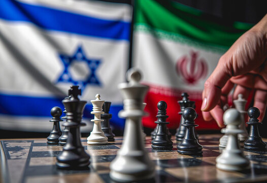 A game of Chess, with the flags of Israel and Iran. War between Israel and Iran.