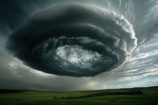 Large black thundercloud rolling over green plains.