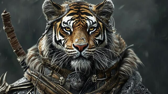 A tiger warrior stares intensely into the camera, wearing armor and holding a sword