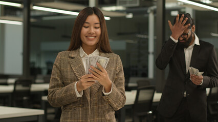 Asian happy smiling rich business girl Chinese woman Korean businesswoman big money financial success Japanese female office sad failure businessman man male guy counting little finance unequal salary