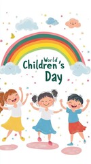Fototapeta premium Kids joyfully celebrate Children's Day under a bright rainbow, all smiling with delight