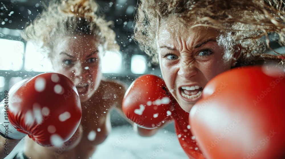 Wall mural Two determined female boxers throw powerful punches toward the camera, expressing fierce competition and strength under the bright gym lighting.