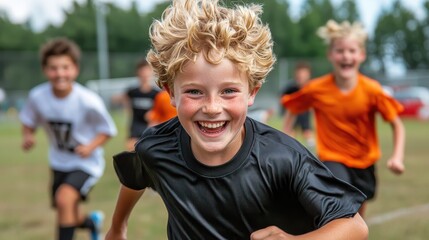 An excited boy with blonde hair runs happily towards the camera, with a blurred background of other children in a field, showcasing active childhood joy.