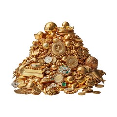 A golden treasure pile filled with coins and jewelry pieces