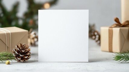 Blank card placed among gift boxes and natural decorations during the holiday season