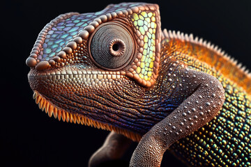 Fototapeta premium Close-up image of a colorful chameleon with detailed scales, showcasing its vibrant skin texture and unique eye structure against a dark background.