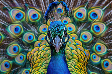 Obraz premium Peacock's Majestic Gaze: A captivating close-up portrait of a peacock, its vibrant plumage a symphony of blue, green, and gold, with a mesmerizing gaze that commands attention.