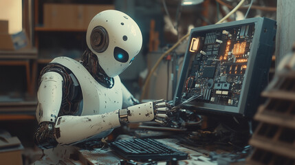 Advanced Humanoid AI Robot Repairing an Old PC in a Workshop
