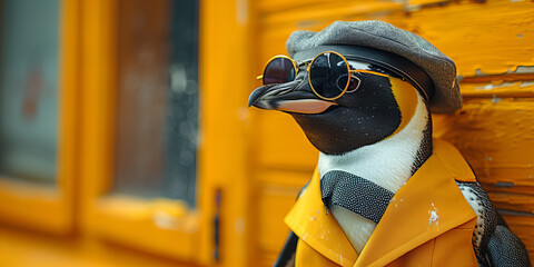 Fashion-savvy penguin dons chic attire with sunglasses set against striking urban backdrop embodying modern charisma and coolness.