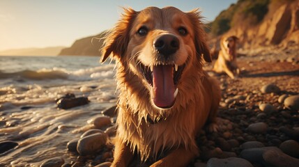 image of laughing dog on the beach