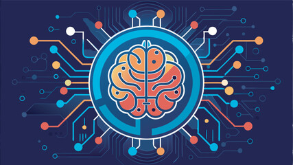 Abstract brain design with circuit board patterns in orange and blue against a dark blue backdrop. Digital theme with colors like orange, yellow, green, and red symbolize technology, intelligence,