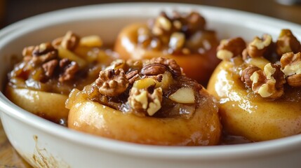 Sweetened apples cooked in the oven filled with walnuts and raisins.