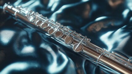 Obraz premium A classical flute resting on a velvet cloth, with its polished silver surface reflecting soft lighting