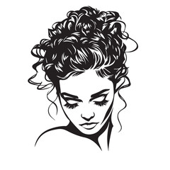 Women messy bun hairstyles, vector line art illustration