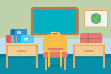 Fototapeta premium Empty classroom with green walls, blue floor. Desks with items, blackboard, Earth picture, textbooks, suitcase. Quiet study environment.