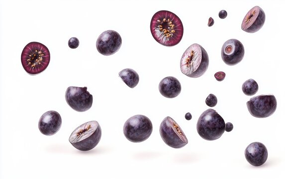 Falling acai berry halves and whole berries on white background realistic healthy fruit concept isolated. Generative AI