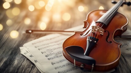 Fototapeta premium A close-up of a violin resting on a rustic wooden table, with its polished wood glistening under soft