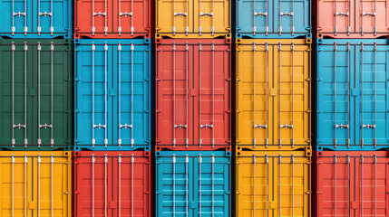 Colorful Cargo Containers: A vibrant wall of stacked shipping containers in various colors, creating a striking visual pattern of international trade and logistics.  