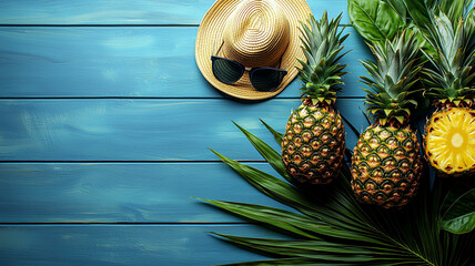 beautiful background with palm leaves, pineapples and sunglasses on the side of the picture, a blue wooden table