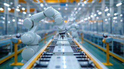 Front View Electric Car Battery Manufacturing Line. Industrial Robot Arms Assemble Lithium-Ion EV Battery Pack Inside Automotive Smart Factory. White Robotic Arms at Automated Production Line.