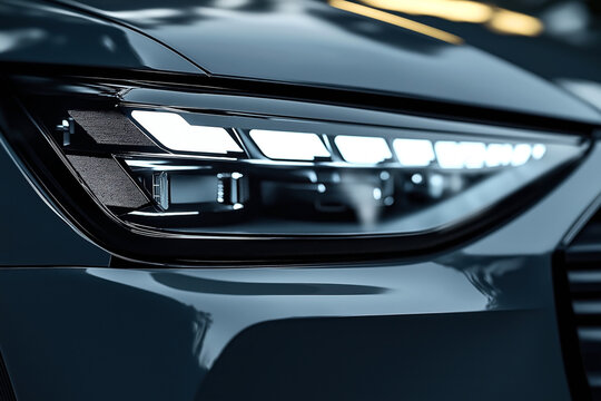 Close-up of a modern car headlight with LED technology, showcasing sleek design and advanced lighting. The image highlights the vehicle's front light assembly in detail.