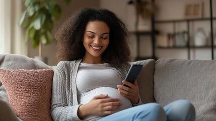 African pregnant woman using a smartphone while sitting on the sofa in modern comfortable room