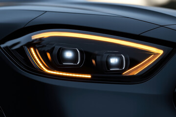 Fototapeta premium Close-up of a modern car's LED headlight and daytime running light, showcasing advanced automotive lighting technology with sleek design and sharp illumination.