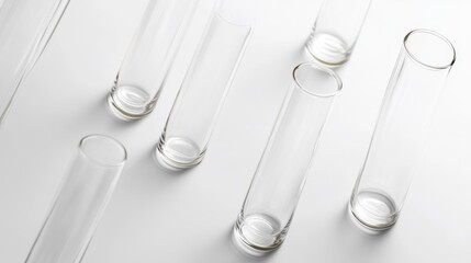 Set of laboratory glass tubes arranged on a white surface showcasing their cylindrical shapes in a minimalist composition. Ideal for scientific medical or laboratory-related themes.. Generative AI