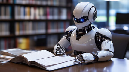 Fototapeta premium AI Humanoid White Clean Robot Working on Documents in an Office Environment 