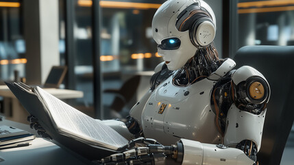 Fototapeta premium AI Humanoid White Clean Robot Working on Documents in an Office Environment 