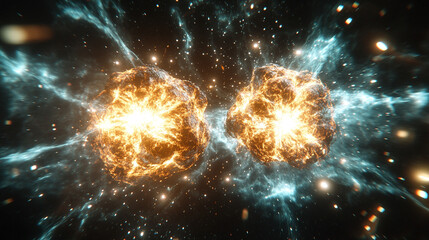 Two proton particles collide on a black background, symbolizing high-energy physics, particle collisions, and subatomic interactions. The image represents the unseen forces shaping the universe's fund