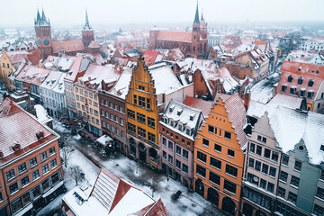 Obraz premium Aerial view of a European city during winter, showcasing colorful historic buildings with snow-covered roofs, narrow streets, and prominent church towers.