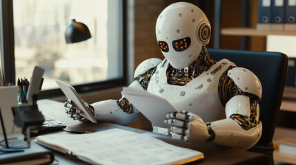 AI Humanoid White Clean Robot Working on Documents in an Office Environment
