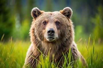 Obraz premium Grizzly bear close-up in meadow of Montana, USA