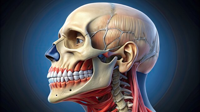 3D rendered illustration of human jawbone anatomy, showcasing detailed structures including mandible, temporomandibular joint, and surrounding muscles, tendons, and bones in precise labeling.