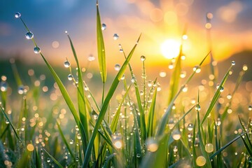 Fototapeta premium morning dew on tall grass with blurred background, Long Shot