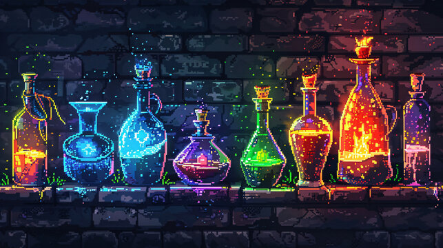 A fantasy-themed graphic set including pixel art symbols of potion bottles, magic flasks, and alchemical elements, illustrated in a flat design style