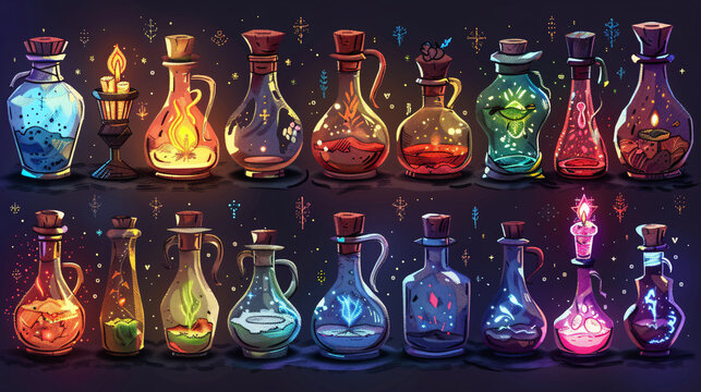 A fantasy-themed graphic set including pixel art symbols of potion bottles, magic flasks, and alchemical elements, illustrated in a flat design style