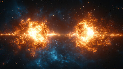 Naklejka premium Two proton particles collide on a black background, symbolizing high-energy physics, particle collisions, and subatomic interactions. The image represents the unseen forces shaping the universe's fund