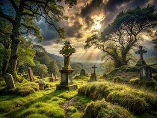 Obraz premium Abandoned Ancient Graveyard with Old Cross - Eerie Atmospheric Landscape Photography