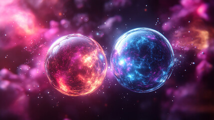 Two proton particles collide on a black background, symbolizing high-energy physics, particle collisions, and subatomic interactions. The image represents the unseen forces shaping the universe's fund