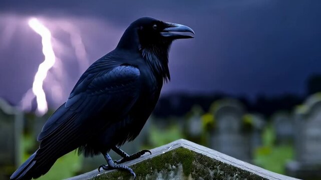 A black raven perched on a tombstone, cawing as lightning flashes in the background.