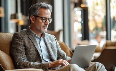 Middle-aged man in glasses working on a laptop in a cozy modern interior with warm lighting