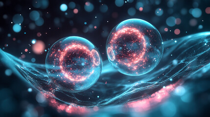 Two proton particles collide on a black background, symbolizing high-energy physics, particle collisions, and subatomic interactions. The image represents the unseen forces shaping the universe's fund