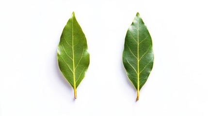 Obraz premium Two bay leaves isolated on a white background fresh and vibrant green leaves. Generative AI