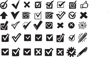 Doodle chalk check mark set. Black charcoal pencil check boxes, sketch checklist icons, tick cross signs. Crayon grunge checkmark elements. Hand drawn checkbox vote marks, correct or incorrect symbols