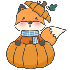 cartoon orange fox Wearing an orange outfit and sitting in a pumpkin. Happy, joyful smiling face during the fall season.