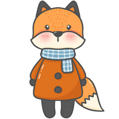 A cartoon drawing of an orange fox wearing orange clothes, standing, smiling, happy during the spring season. Use as an illustration